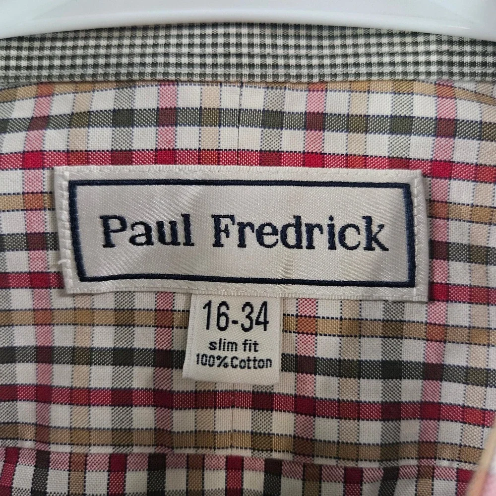 Paul Fredrick Mens 16-34 Slim Fit Non-Iron Cotton Check Dress Shirt Red Tan RB